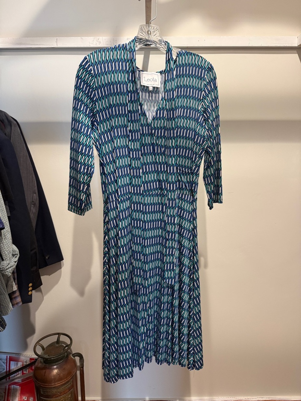 Leota Navy & Teal Printed V-Neck Midi Wrap Dress